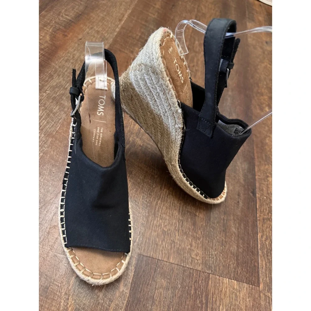 TOMS Women's 8.5 Black Espadrille Wedge Sandals Slingback Peep Toe